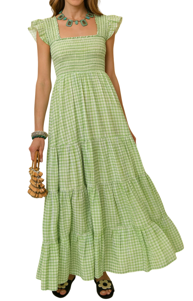 R.Vivimos 2026 Summer Cotton Plaid Maxi Dresses for Women Flutter Sleeve Square Neck Smocked Ruffle Flowy Tiered Casual Dress
