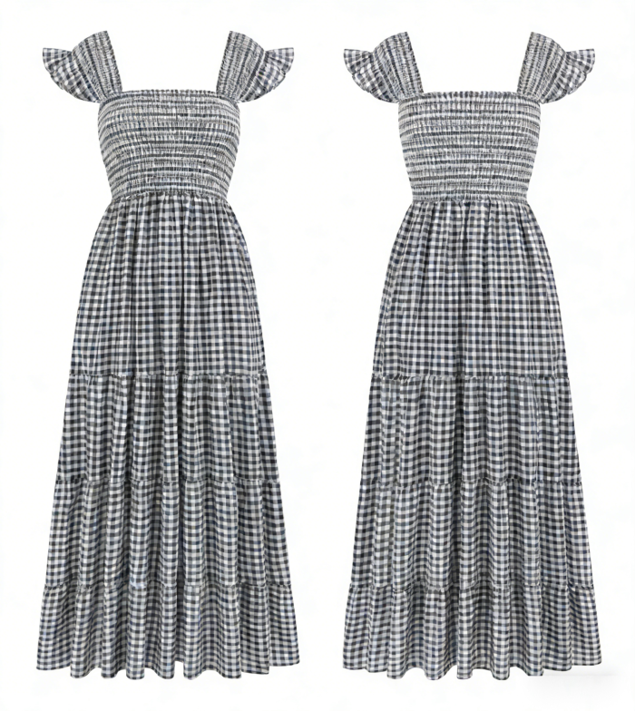 R.Vivimos 2026 Summer Cotton Plaid Maxi Dresses for Women Flutter Sleeve Square Neck Smocked Ruffle Flowy Tiered Casual Dress