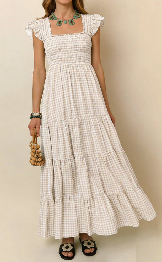 R.Vivimos 2026 Summer Cotton Plaid Maxi Dresses for Women Flutter Sleeve Square Neck Smocked Ruffle Flowy Tiered Casual Dress