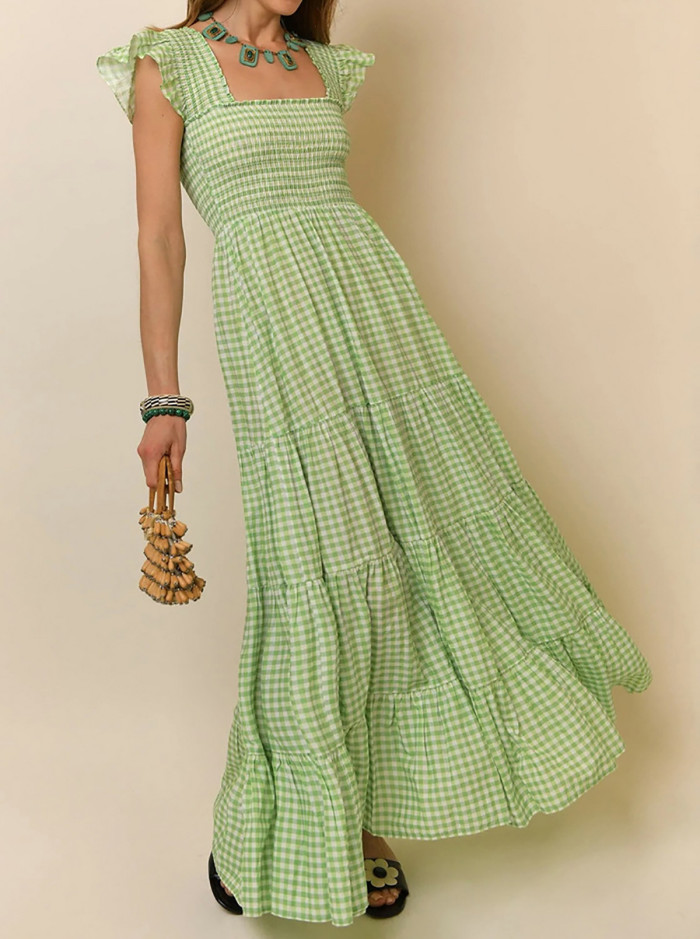 R.Vivimos 2026 Summer Cotton Plaid Maxi Dresses for Women Flutter Sleeve Square Neck Smocked Ruffle Flowy Tiered Casual Dress