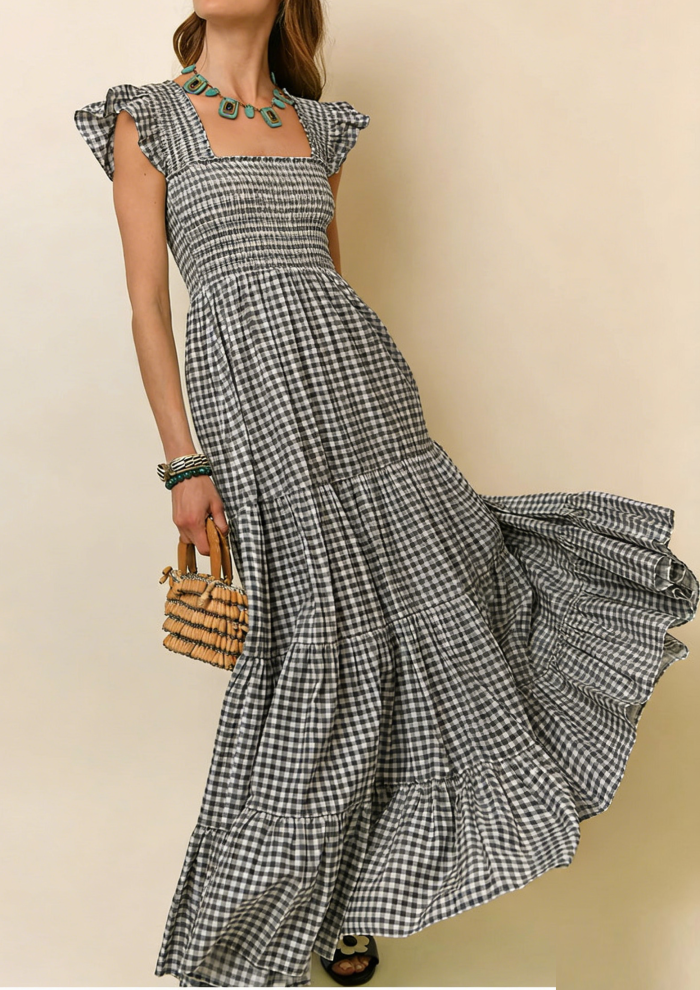 R.Vivimos 2026 Summer Cotton Plaid Maxi Dresses for Women Flutter Sleeve Square Neck Smocked Ruffle Flowy Tiered Casual Dress