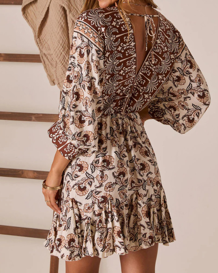 R.Vivimos Womens Summer Floral Dress 3/4 Sleeve Deep V Neck Boho Drawstring Backless Swing Mini Dress