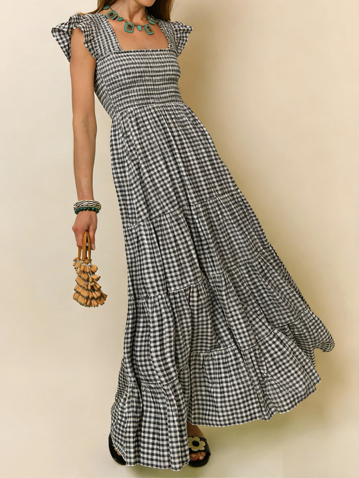 R.Vivimos 2026 Summer Cotton Plaid Maxi Dresses for Women Flutter Sleeve Square Neck Smocked Ruffle Flowy Tiered Casual Dress