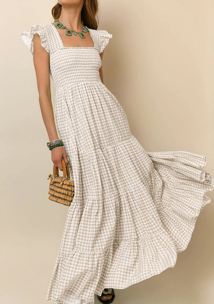 R.Vivimos 2026 Summer Cotton Plaid Maxi Dresses for Women Flutter Sleeve Square Neck Smocked Ruffle Flowy Tiered Casual Dress
