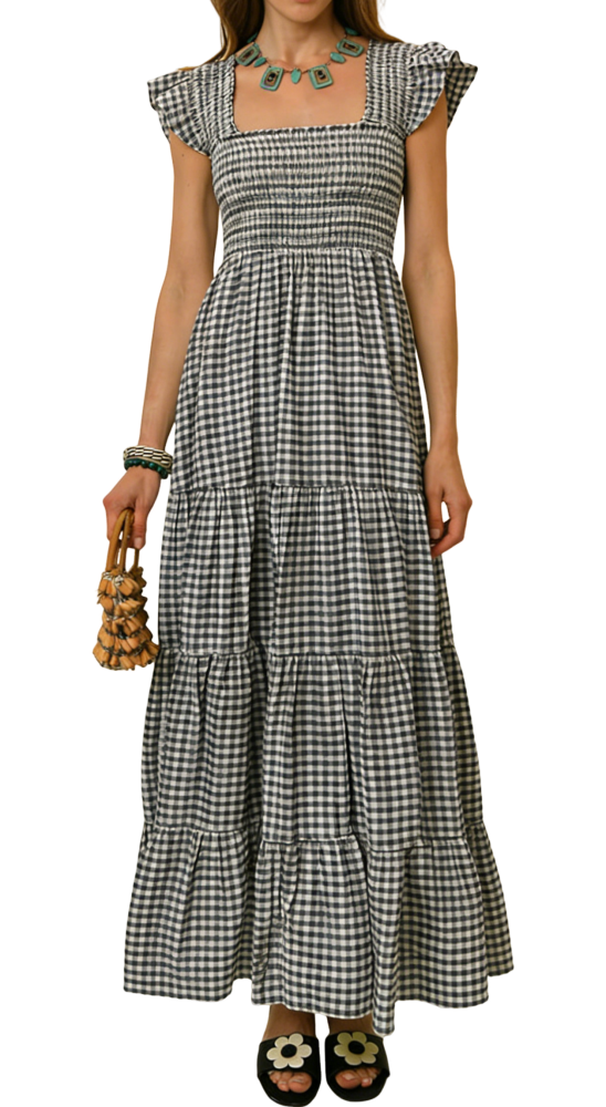 R.Vivimos 2026 Summer Cotton Plaid Maxi Dresses for Women Flutter Sleeve Square Neck Smocked Ruffle Flowy Tiered Casual Dress