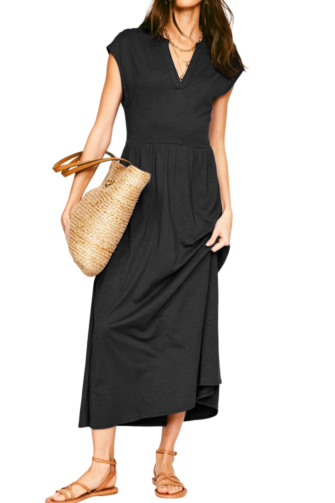 R.Vivimos Women's Summer 2026 Cotton Cap Sleeve V Neck Empire Waist Casual Midi Dress with Pockets