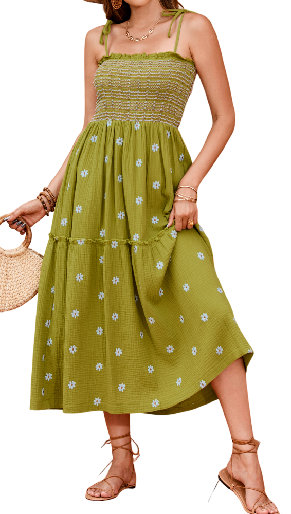 R.Vivimos Womens Summer Cotton Boho Midi Dress 2025 Spaghetti Strap Floral Embroidered Smocked Flowy Pockets Dress