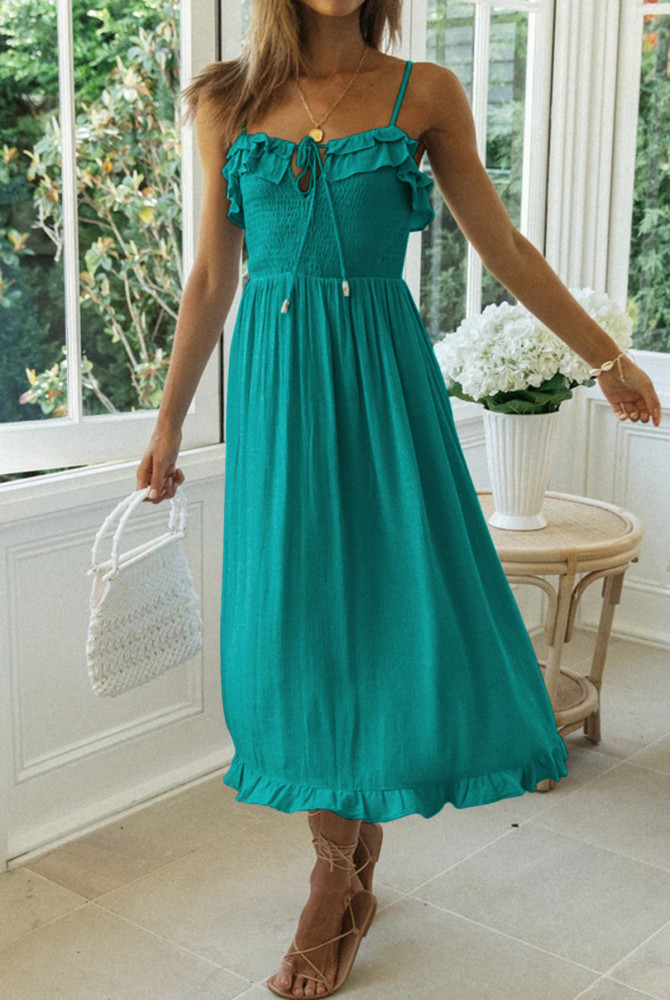 R.Vivimos Womens Summer Cotton Spaghetti Straps V-Neck Ruffle Casual Boho Midi Flowy Dress