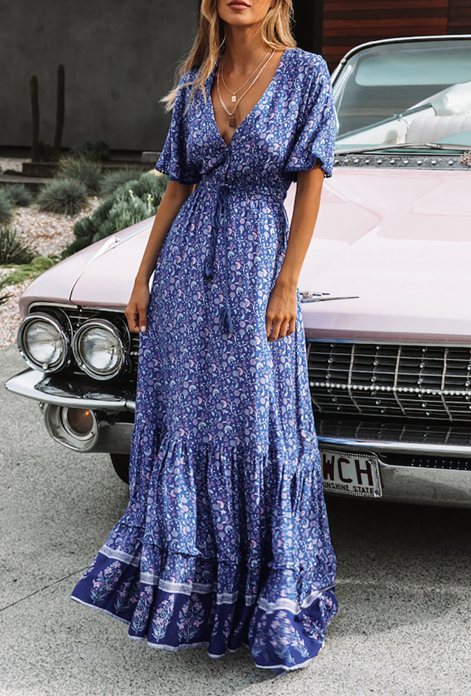 R.Vivimos Womens Summer Cotton Short Sleeve V Neck Floral Print Casual Bohemian Long Dresses