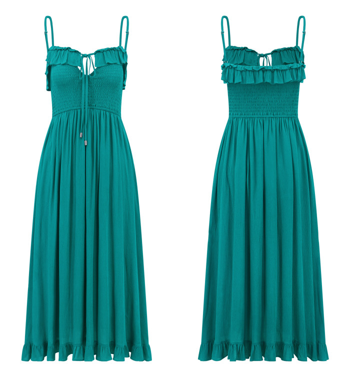 R.Vivimos Womens Summer Cotton Spaghetti Straps V-Neck Ruffle Casual Boho Midi Flowy Dress