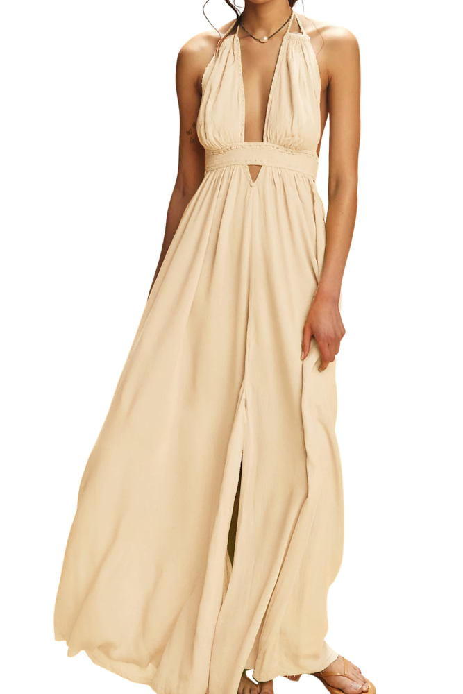 R.Vivimos Boho Maxi Dresses for Women 2025 Summer Sleeveless Halter Elastic Waist Sexy Backless Front Slit Flowy Long Dresses