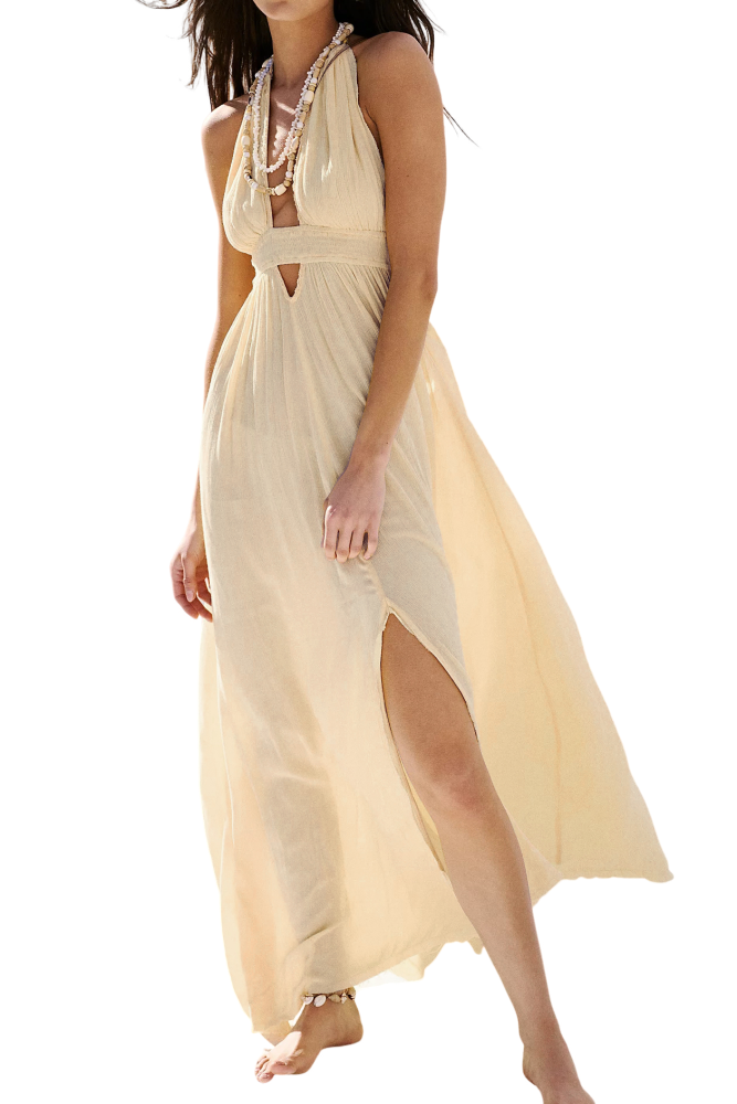 R.Vivimos Boho Maxi Dresses for Women 2025 Summer Sleeveless Halter Elastic Waist Sexy Backless Front Slit Flowy Long Dresses