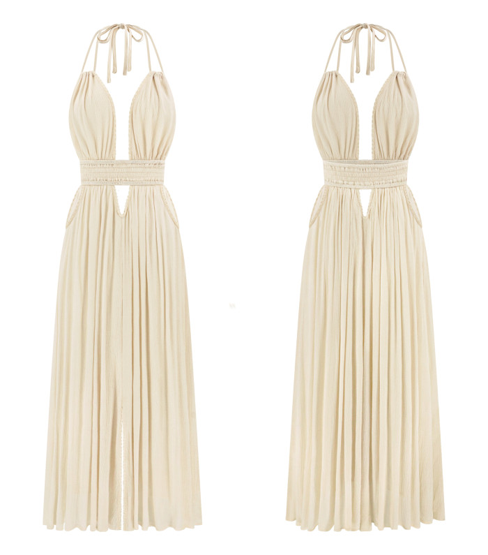 R.Vivimos Boho Maxi Dresses for Women 2025 Summer Sleeveless Halter Elastic Waist Sexy Backless Front Slit Flowy Long Dresses
