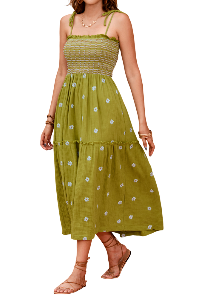 R.Vivimos Womens Summer Cotton Boho Midi Dress 2025 Spaghetti Strap Floral Embroidered Smocked Flowy Pockets Dress