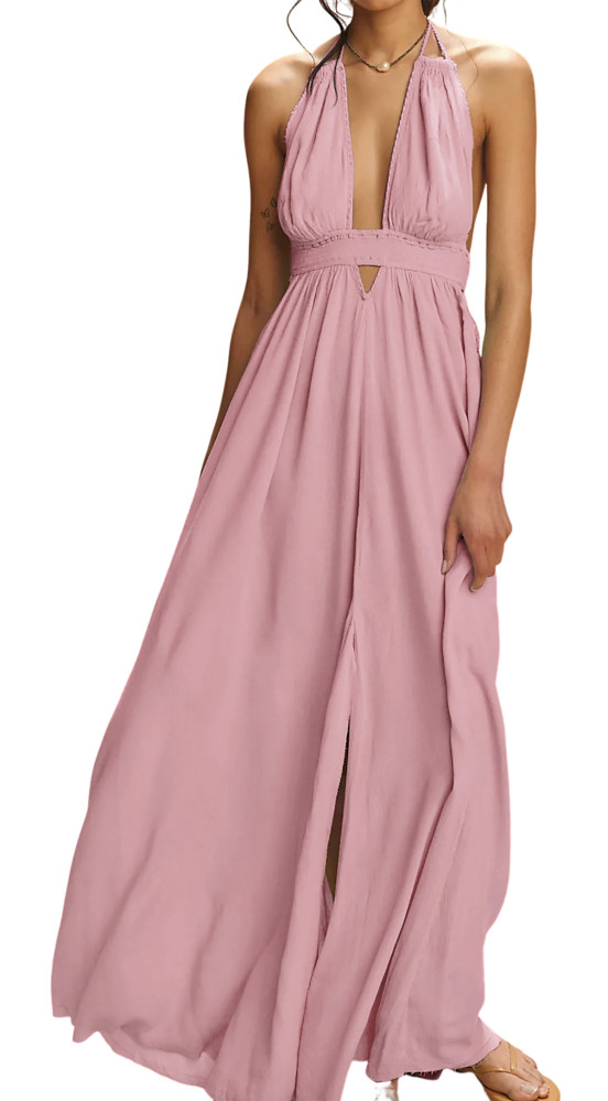 R.Vivimos Boho Maxi Dresses for Women 2025 Summer Sleeveless Halter Elastic Waist Sexy Backless Front Slit Flowy Long Dresses