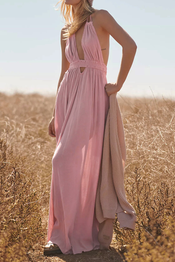 R.Vivimos Boho Maxi Dresses for Women 2025 Summer Sleeveless Halter Elastic Waist Sexy Backless Front Slit Flowy Long Dresses