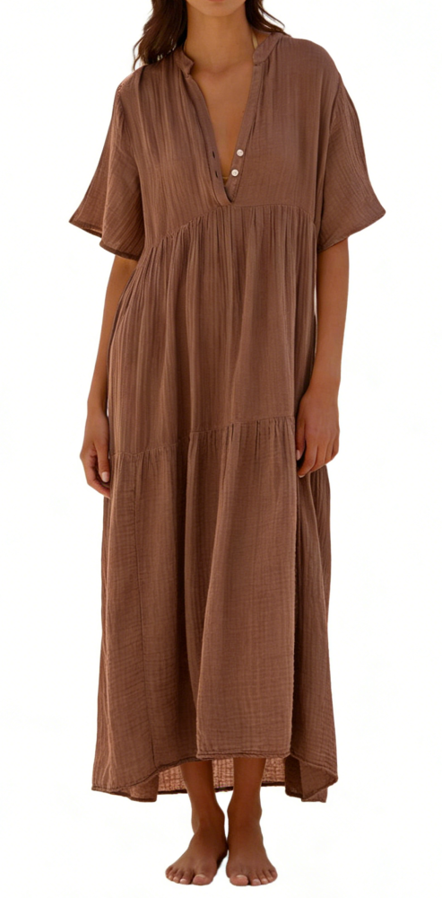 R.Vivimos Womens Summer Cotton Flowy Maxi Dress Short Sleeve V Neck Empire Waist Boho Tiered Ruffle Casual Loose Long Dresses