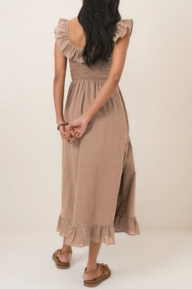 R.Vivimos Summer 2026 Cotton Sleeveless Square Neck Ruffle Smocked Casual A-Line Flowy Midi Dress with Pockets