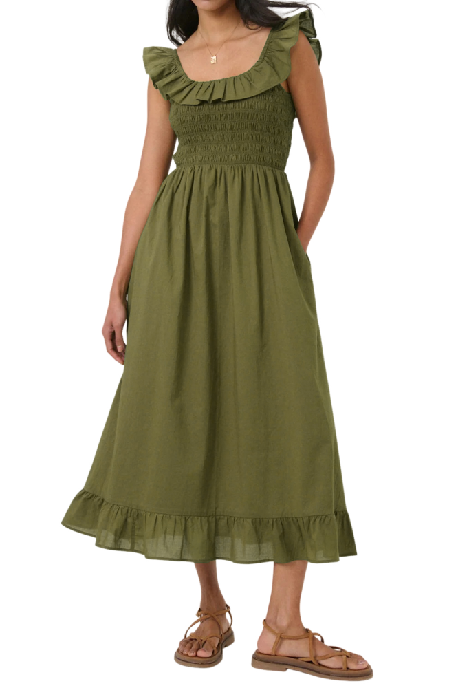 R.Vivimos Summer 2026 Cotton Sleeveless Square Neck Ruffle Smocked Casual A-Line Flowy Midi Dress with Pockets