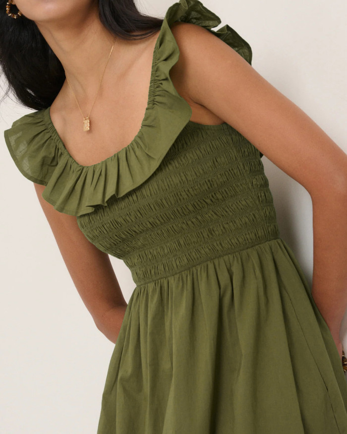 R.Vivimos Summer 2026 Cotton Sleeveless Square Neck Ruffle Smocked Casual A-Line Flowy Midi Dress with Pockets