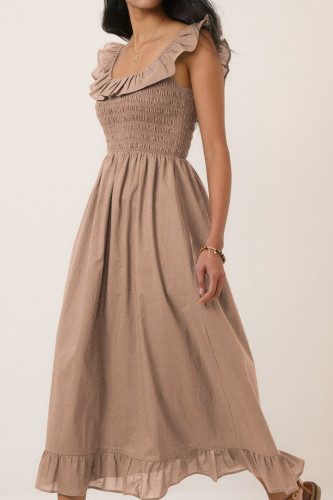 tan flowy dress Neutral Maxi Dress with Pockets – Flowy Summer Beach Dress main image 1