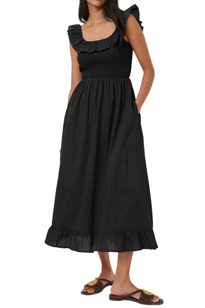 R.Vivimos Summer 2026 Cotton Sleeveless Square Neck Ruffle Smocked Casual A-Line Flowy Midi Dress with Pockets