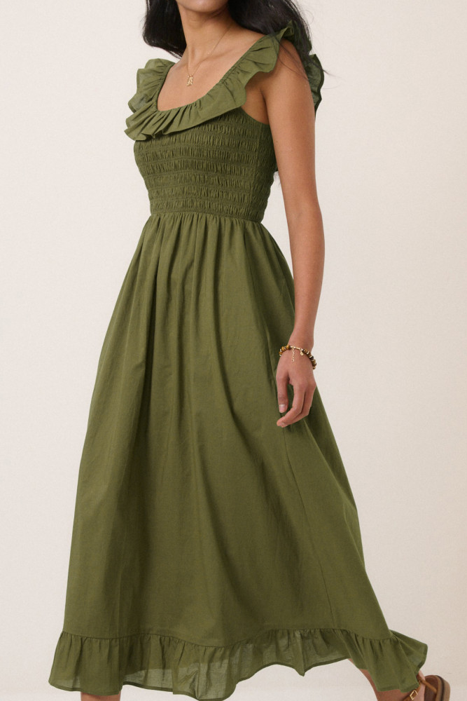 R.Vivimos Summer 2026 Cotton Sleeveless Square Neck Ruffle Smocked Casual A-Line Flowy Midi Dress with Pockets