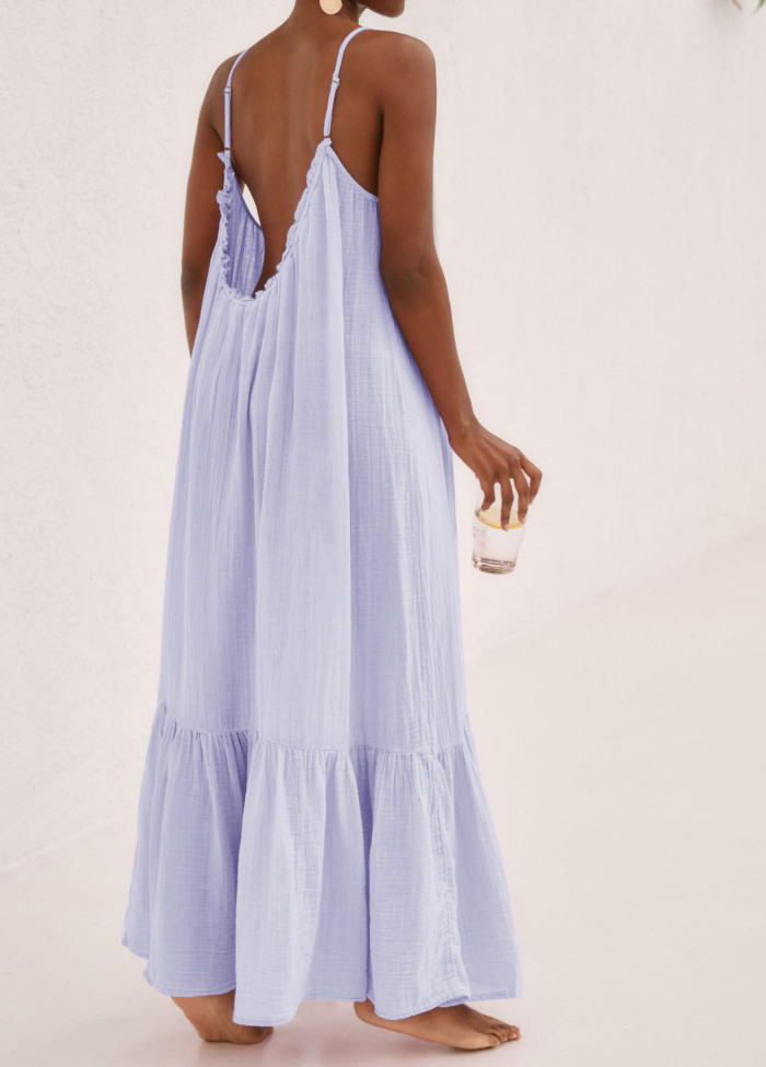 R.Vivimos Women's Summer Cotton Maxi Dress Adjustable Spaghetti Strap Boho Casual Backless Ruffle Loose Fit Flowy Dress