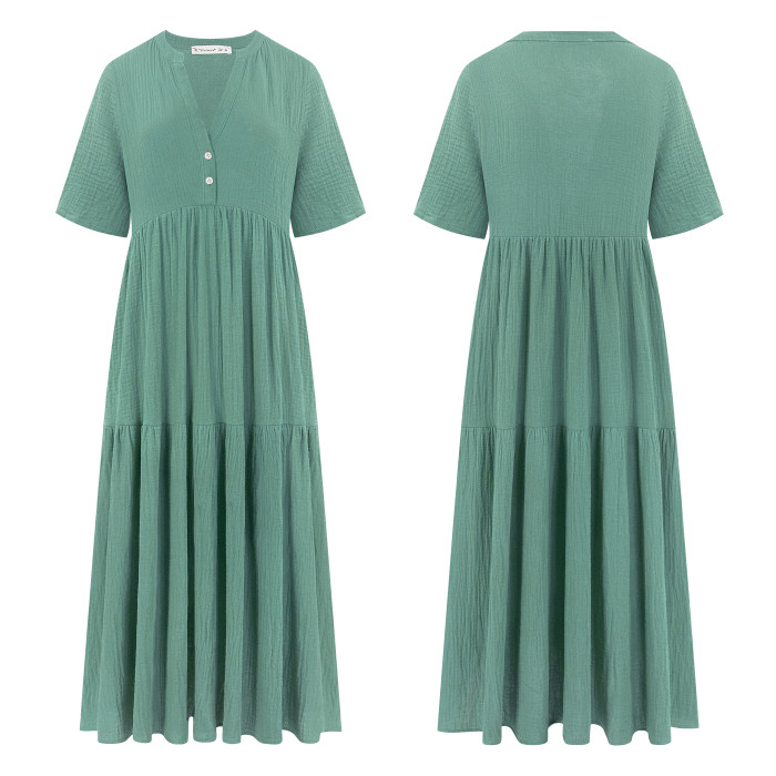 R.Vivimos Womens Summer Cotton Flowy Maxi Dress Short Sleeve V Neck Empire Waist Boho Tiered Ruffle Casual Loose Long Dresses