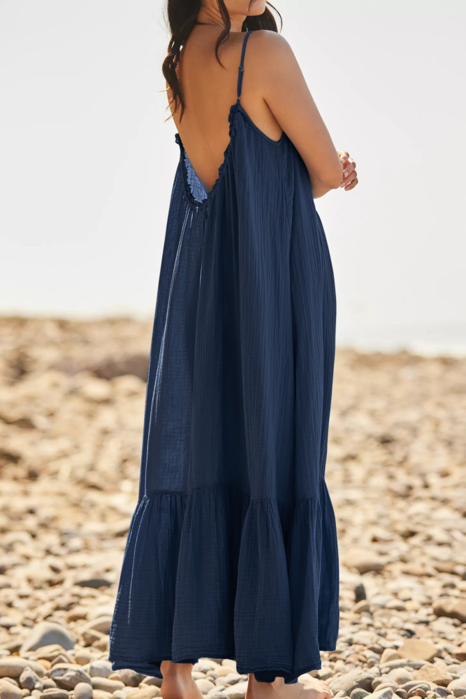 R.Vivimos Women's Summer Cotton Maxi Dress Adjustable Spaghetti Strap Boho Casual Backless Ruffle Loose Fit Flowy Dress