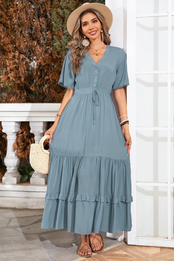 R.Vivimos Womens Summer Cotton Short Sleeve V Neck Floral Print Casual Bohemian Long Dresses