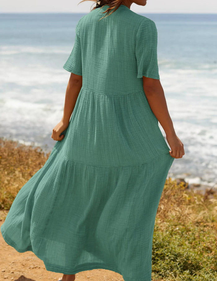 R.Vivimos Womens Summer Cotton Flowy Maxi Dress Short Sleeve V Neck Empire Waist Boho Tiered Ruffle Casual Loose Long Dresses