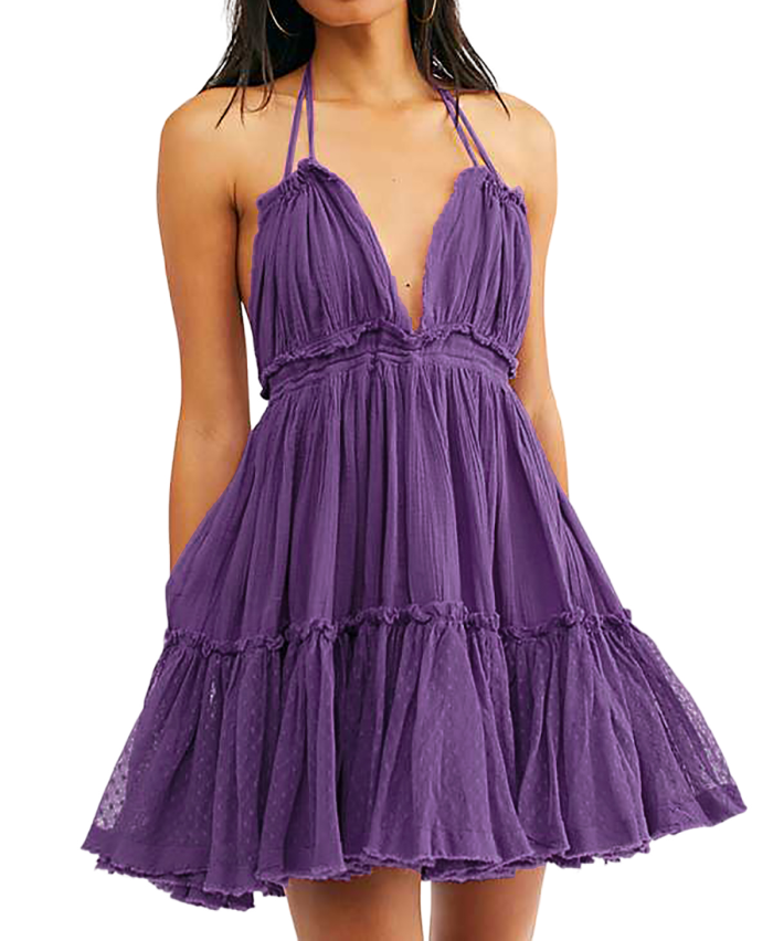 R.Vivimos Womens Summer Halter Deep V Neck Sexy Patchwork Mini Short Dresses