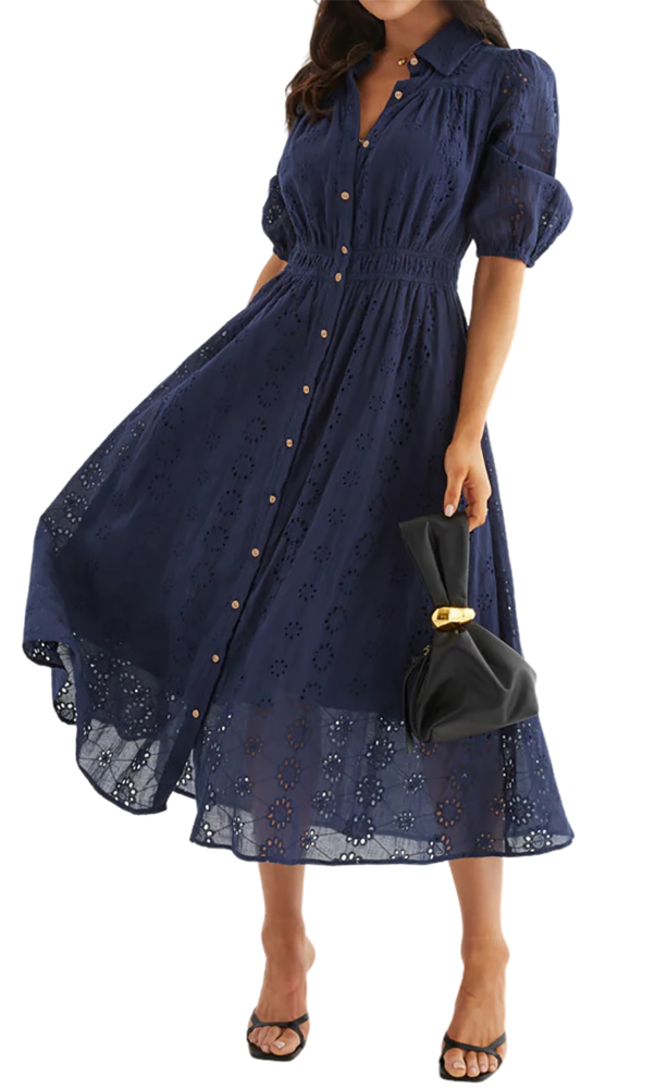 R.Vivimos Womens Summer Cotton Half Sleeve Eyelet Embroidery Elastic Waist Button Down Casual Shirt Midi Dress with Pockets