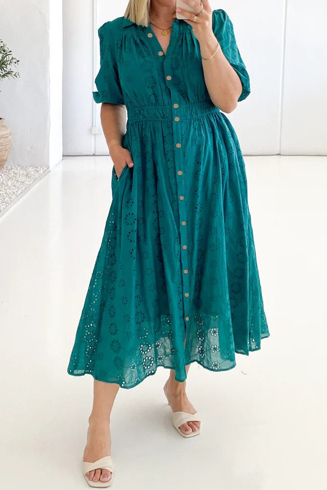 R.Vivimos Womens Summer Cotton Half Sleeve Eyelet Embroidery Elastic Waist Button Down Casual Shirt Midi Dress with Pockets