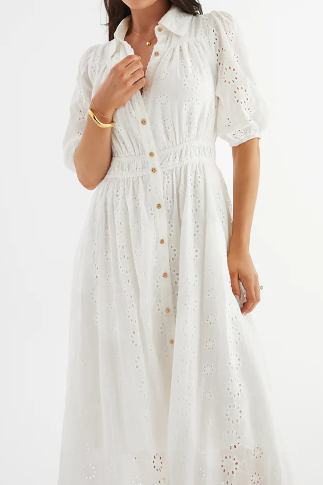 R.Vivimos Womens Summer Cotton Half Sleeve Eyelet Embroidery Elastic Waist Button Down Casual Shirt Midi Dress with Pockets