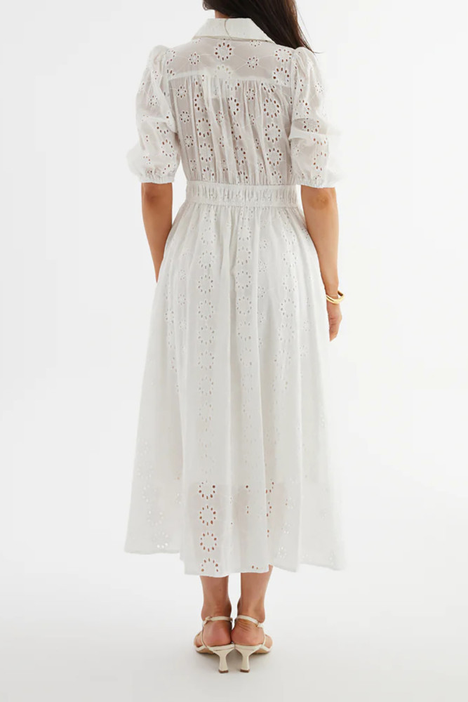 R.Vivimos Womens Summer Cotton Half Sleeve Eyelet Embroidery Elastic Waist Button Down Casual Shirt Midi Dress with Pockets