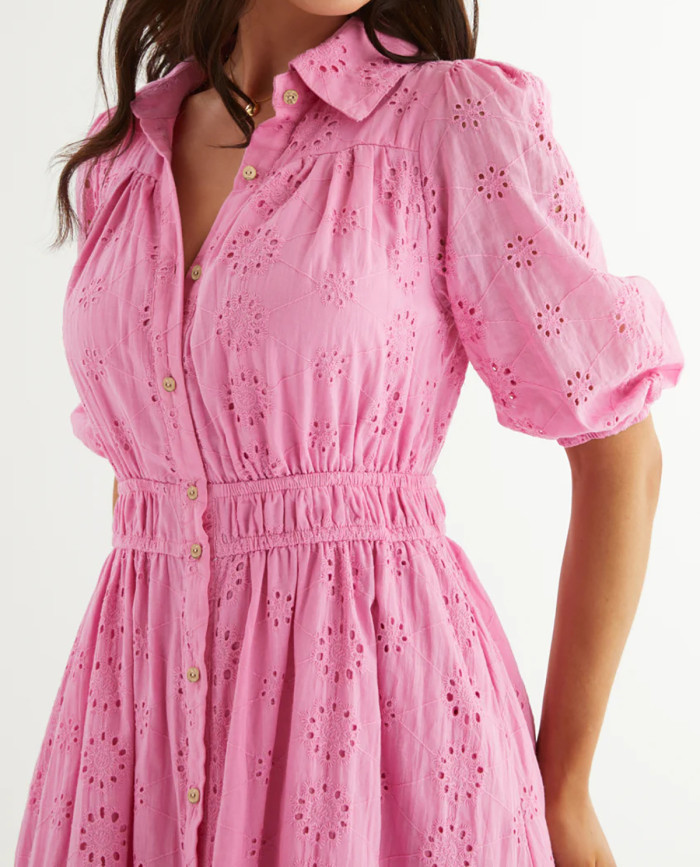 R.Vivimos Womens Summer Cotton Half Sleeve Eyelet Embroidery Elastic Waist Button Down Casual Shirt Midi Dress with Pockets