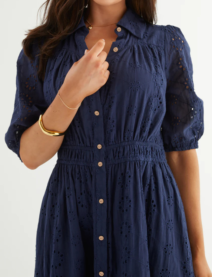 R.Vivimos Womens Summer Cotton Half Sleeve Eyelet Embroidery Elastic Waist Button Down Casual Shirt Midi Dress with Pockets