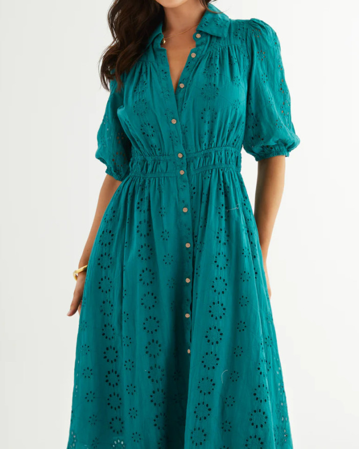 R.Vivimos Womens Summer Cotton Half Sleeve Eyelet Embroidery Elastic Waist Button Down Casual Shirt Midi Dress with Pockets