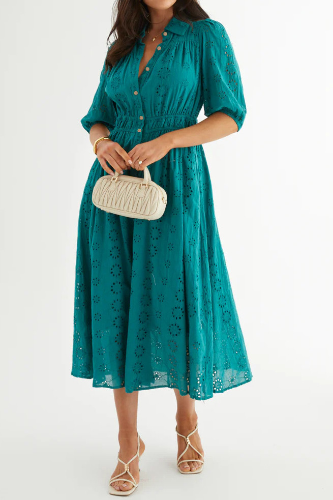 R.Vivimos Womens Summer Cotton Half Sleeve Eyelet Embroidery Elastic Waist Button Down Casual Shirt Midi Dress with Pockets