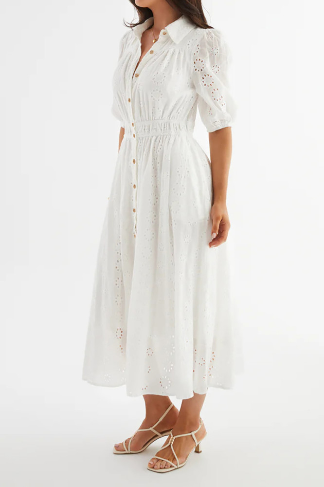 R.Vivimos Womens Summer Cotton Half Sleeve Eyelet Embroidery Elastic Waist Button Down Casual Shirt Midi Dress with Pockets