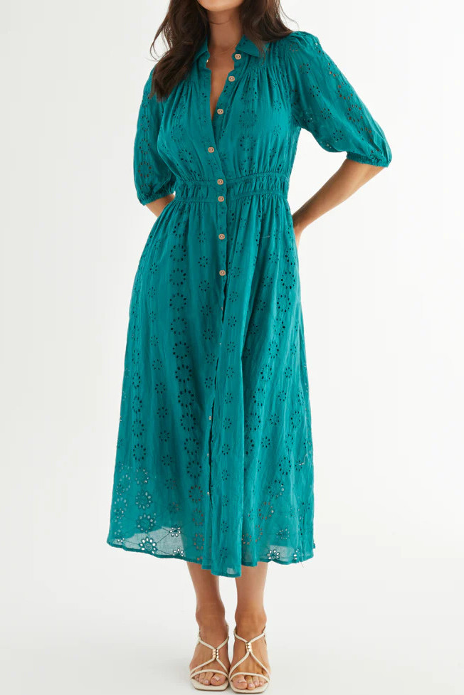 R.Vivimos Womens Summer Cotton Half Sleeve Eyelet Embroidery Elastic Waist Button Down Casual Shirt Midi Dress with Pockets