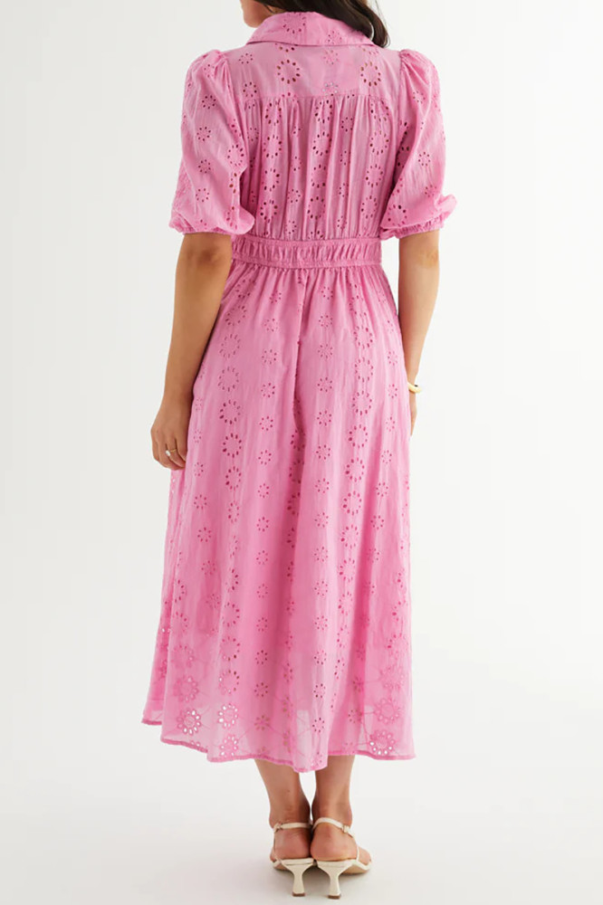 R.Vivimos Womens Summer Cotton Half Sleeve Eyelet Embroidery Elastic Waist Button Down Casual Shirt Midi Dress with Pockets