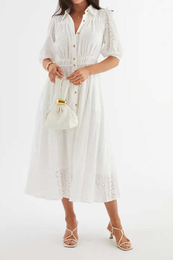 R.Vivimos Womens Summer Cotton Half Sleeve Eyelet Embroidery Elastic Waist Button Down Casual Shirt Midi Dress with Pockets
