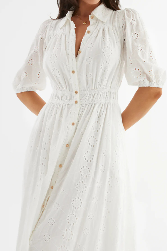 R.Vivimos Womens Summer Cotton Half Sleeve Eyelet Embroidery Elastic Waist Button Down Casual Shirt Midi Dress with Pockets