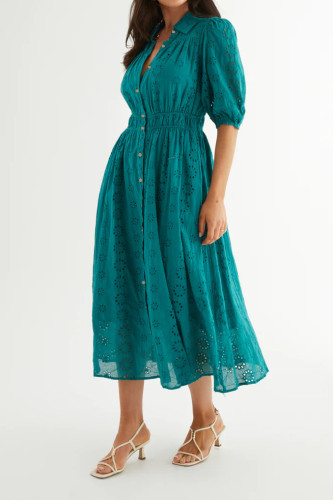 R.Vivimos Womens Summer Cotton Half Sleeve Eyelet Embroidery Elastic Waist Button Down Casual Shirt Midi Dress with Pockets