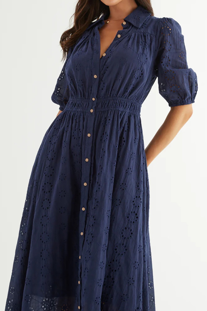 R.Vivimos Womens Summer Cotton Half Sleeve Eyelet Embroidery Elastic Waist Button Down Casual Shirt Midi Dress with Pockets