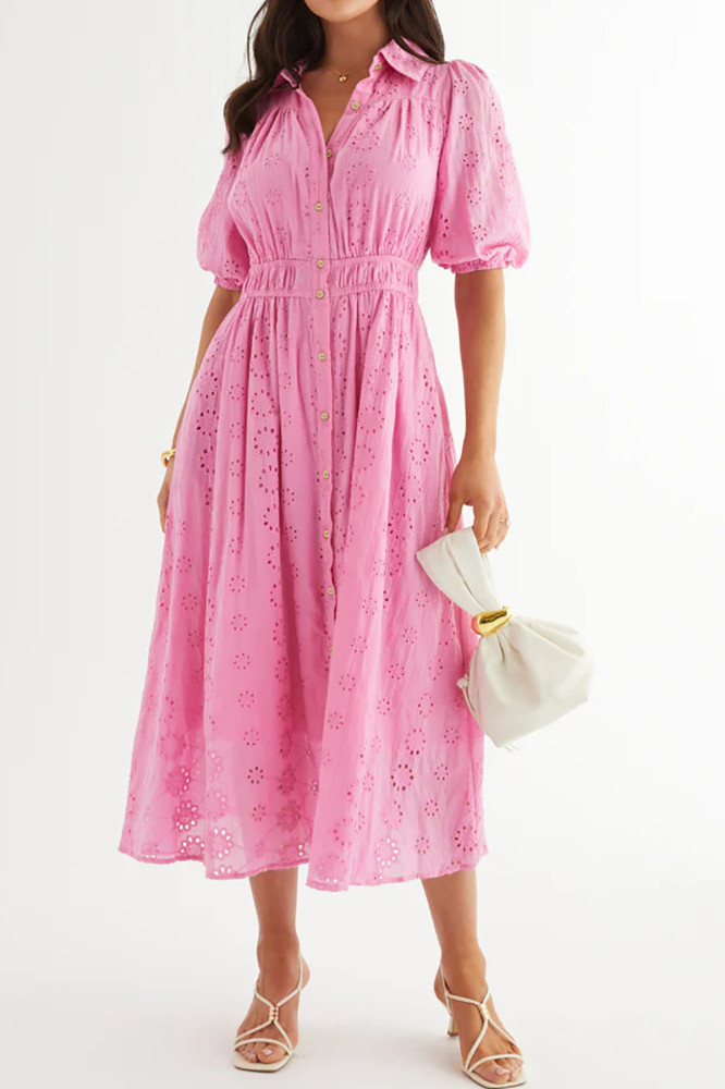 R.Vivimos Womens Summer Cotton Half Sleeve Eyelet Embroidery Elastic Waist Button Down Casual Shirt Midi Dress with Pockets
