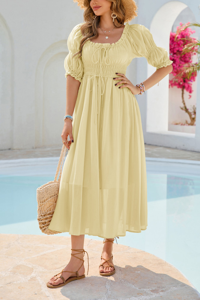 R.Vivimos Women's Summer Square Neck Midi Dress 2025 Casual Puff Half Sleeve Elastic Empire Waist Boho Flowy Long Dresses